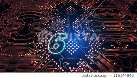 Digital image of 6g text against microprocessor connections on blue background 116144848