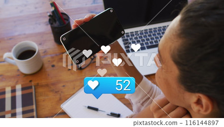 Image of media icon over biracial woman having image call Image of media icon over biracial woman having image call 116144897