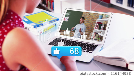 Image of media icon over caucasian woman having image call with caucasian colleague 116144928
