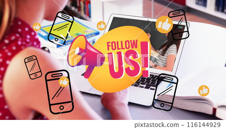 Image of follow us over hands of caucasian girl having online lessons Image of follow us over hands of caucasian girl having online lessons 116144929