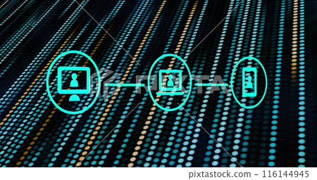 Image of connections with icons over dots moving on black background 116144945
