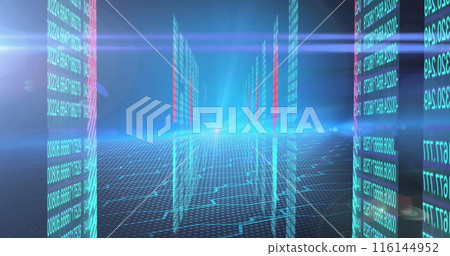 Digital image of screens with binary coding and blue light trails against blue background Digital image of screens with binary coding and blue light trails against blue background 116144952