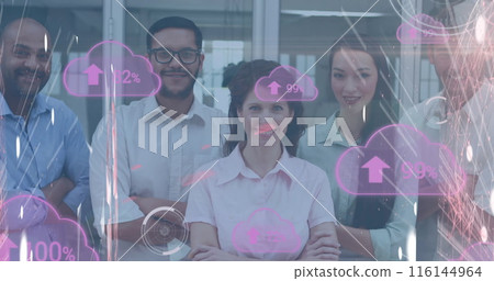Image of cloud with uploading over happy diverse businesspeople looking at camera 116144964