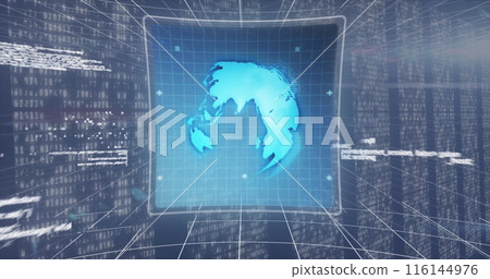 Digital image of multiple screens with data processing against blue background Digital image of multiple screens with data processing against blue background 116144976