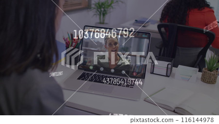 Image of data processing over diverse business people having image call in office Image of data processing over diverse business people having image call in office 116144978