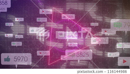 Image of social media reactions and block chain on violet background Image of social media reactions and block chain on violet background 116144986
