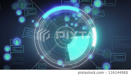 Round scanner over multiple graphs against round scanner and data processing on blue background Round scanner over multiple graphs against round scanner and data processing on blue background 116144988