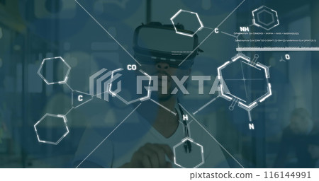 Image of data processing and media icons over biracial man using vr headset Image of data processing and media icons over biracial man using vr headset 116144991