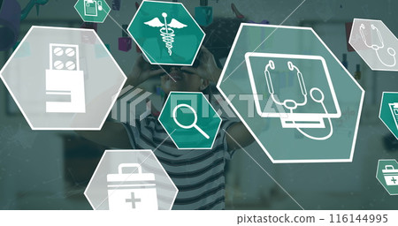 Image of medical icons over caucasian woman using vr headset Image of medical icons over caucasian woman using vr headset 116144995