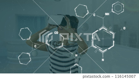 Image of medical icons over caucasian woman using vr headset Image of medical icons over caucasian woman using vr headset 116145007