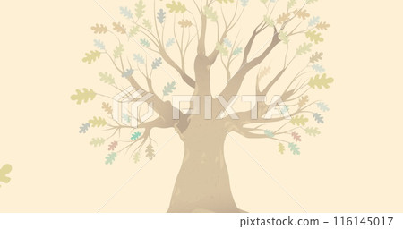 Image of happy thanksgiving text day over tree and autumn leaves on yellow background Image of happy thanksgiving text day over tree and autumn leaves on yellow background 116145017