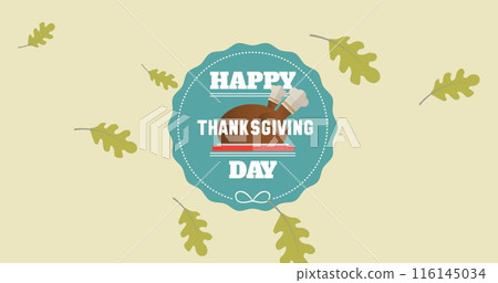 Image of happy thanksgiving text over turkey on blue circle and autumn leaves on green 116145034
