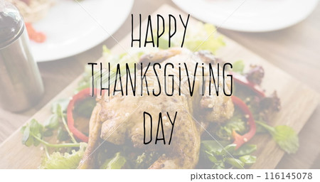 Image of happy thanksgiving day text over thanksgiving meal in background 116145078