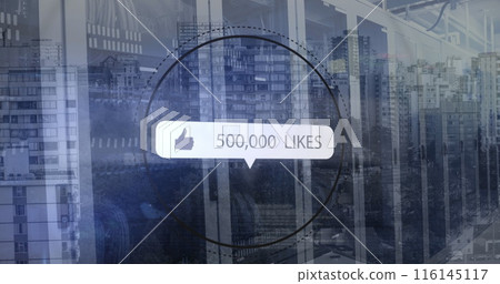 Image of thumbs up sign with increasing number of likes amidst circle against cityscape Image of thumbs up sign with increasing number of likes amidst circle against cityscape 116145117