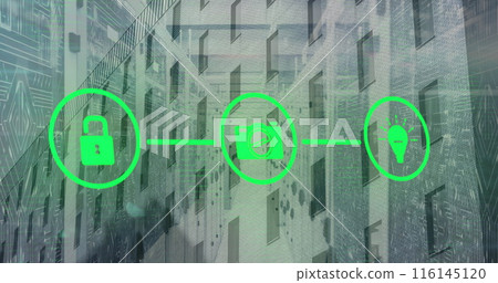 Image of green open lock, camera, light bulb icons on digital interface against buildings Image of green open lock, camera, light bulb icons on digital interface against buildings 116145120