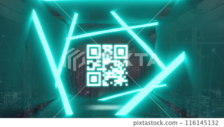 Image of blue neon lines with qr code, data processing against server room 116145132