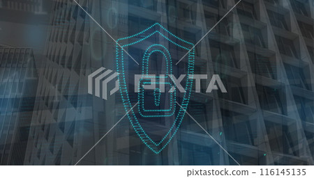 Image of light passing through security icon with coding against office building Image of light passing through security icon with coding against office building 116145135