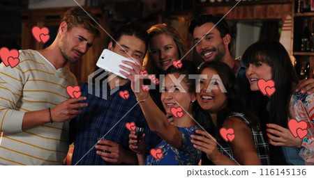 Image of cloud over happy caucasian family shopping at birthday party 116145136