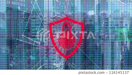 Image of neon security icon with network connecting dots, coding against cityscape Image of neon security icon with network connecting dots, coding against cityscape 116145137