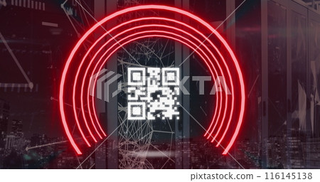 Image of red semi circles with qr code, network connection against cityscape Image of red semi circles with qr code, network connection against cityscape 116145138