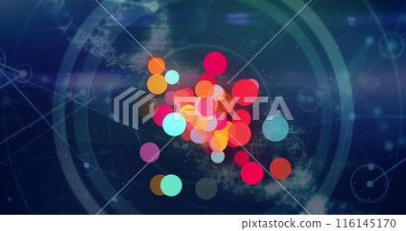 Image of colorful spots of light over network of connections and data processing 116145170