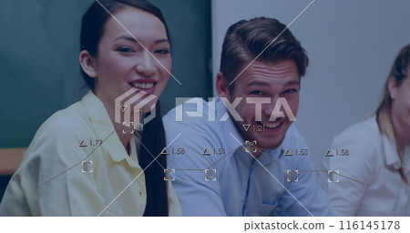 Image of mathematical equations over schoolchildren using computers 116145178