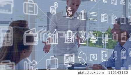 Image of financial icons over diverse businesspeople in office Image of financial icons over diverse businesspeople in office 116145180