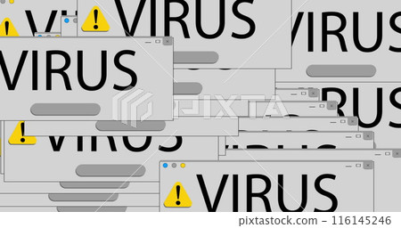 Image of computer icons and virus texts over server room 116145246