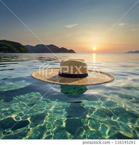 漂浮在水面和日落的帽子 116145261