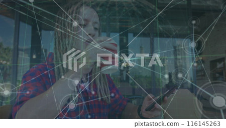 Image of network of connections with globe and data over caucasian man using smartphone 116145263