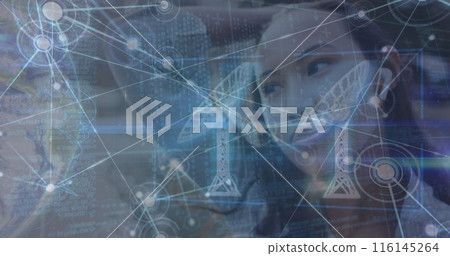 Image of network of connections with globe and data over biracial woman using smartphone Image of network of connections with globe and data over biracial woman using smartphone 116145264