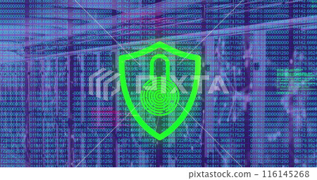 Image of data processing over padlock and server room 116145268
