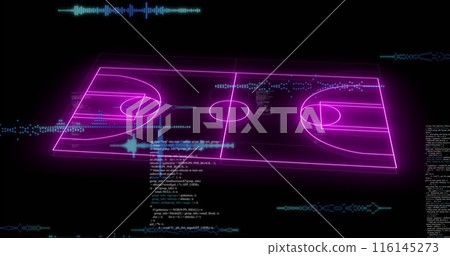 Image of neon stadium over data processing on black background Image of neon stadium over data processing on black background 116145273