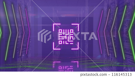 Image of data processing and qr code over server room Image of data processing and qr code over server room 116145313