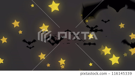 Bats flying among yellow stars against dark background 116145339
