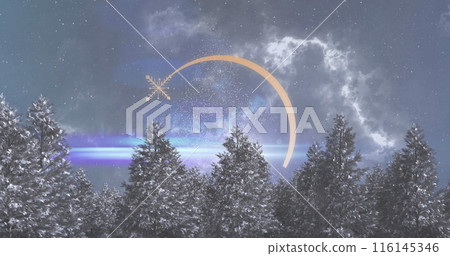 Snowflake hanging in sky above winter forest under starry night Snowflake hanging in sky above winter forest under starry night 116145346
