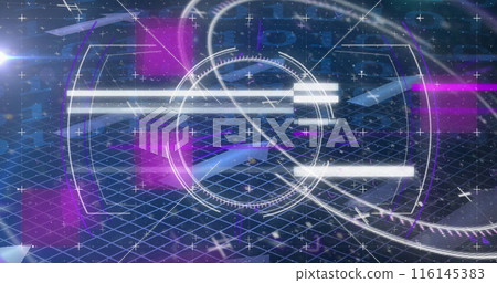 Image of multicolored glitch technique with squares, arrows, circle over binary codes 116145383