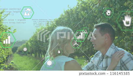 Image of ecology icons over caucasian couple talking Image of ecology icons over caucasian couple talking 116145385