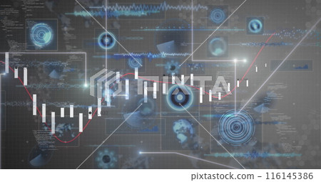 Image of falling dots forming lines, programming language and graphs over infographic interface Image of falling dots forming lines, programming language and graphs over infographic interface 116145386