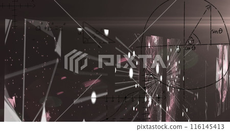 Image of light trails over mathematical equations on black background Image of light trails over mathematical equations on black background 116145413