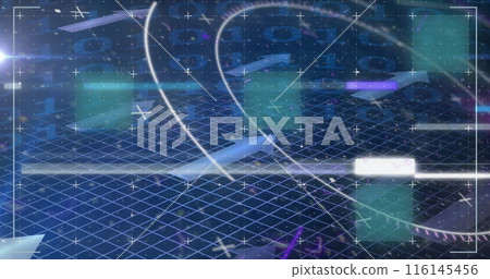 Image of glitch technique with circles, arrows and lens flare over binary codes Image of glitch technique with circles, arrows and lens flare over binary codes 116145456