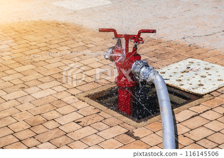 red fire hydrant with connected hose with splashing water for firefighting on sidewalk outside in summer 116145506