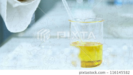 Image of chemical icons over caucasian male scientist in lab 116145582