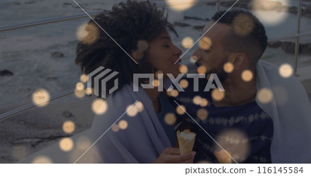Image of spots over diverse couple embracing Image of spots over diverse couple embracing 116145584