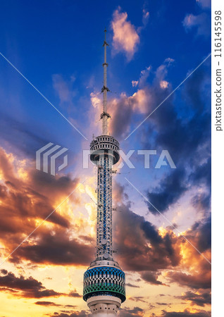 TV television tower in Tashkent in Uzbekistan on background a cloudy sky at sunset TV television tower in Tashkent in Uzbekistan on background a cloudy sky at sunset 116145598