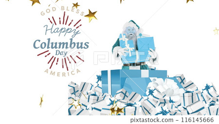 Image of happy columbus day text over santa and presents 116145666