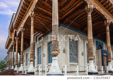 Museum of Victims of Political Repression decorated with wooden uzbek carved columns in Tashkent in Uzbekistan Museum of Victims of Political Repression decorated with wooden uzbek carved columns in Tashkent in Uzbekistan 116145667