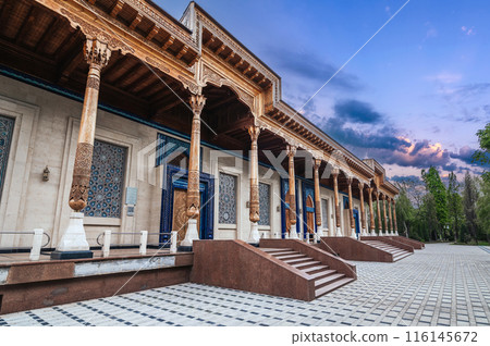exterior of Museum of Victims of Political Repression with wooden carved columns and oriental Uzbek mosaics in Tashkent in Uzbekistan 116145672