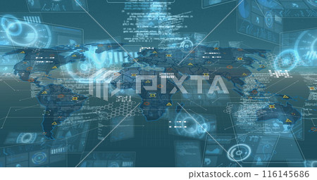 Image of digital interface and data processing over world map on blue background Image of digital interface and data processing over world map on blue background 116145686