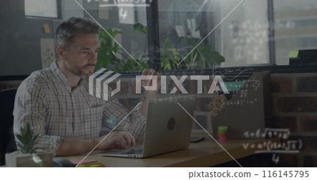 Image of mathematical equations over caucasian businessman working on laptop at office 116145795